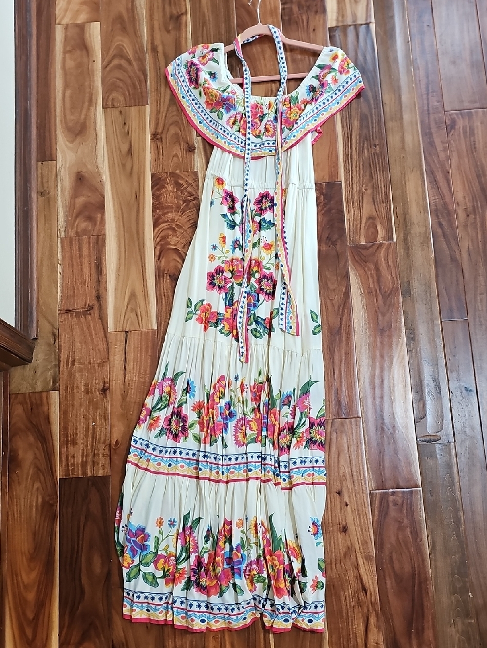 Flying Tomato Cream Maxi Dress with Pink, Green and Multicolor Floral Embroidery